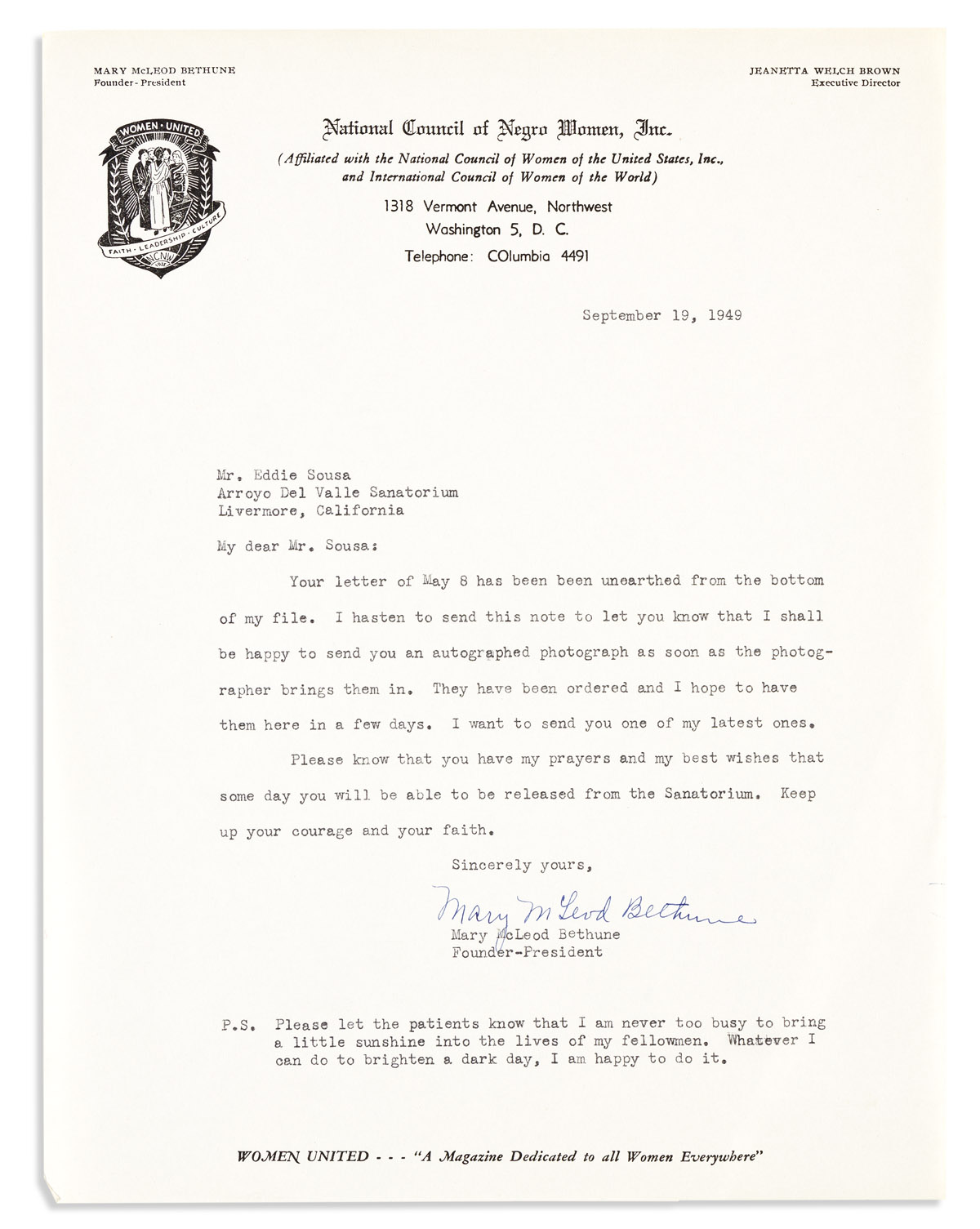(CIVIL RIGHTS.) BETHUNE, MARY MCLEOD. Two items: Photograph Signed and Inscribed * Typed Letter Signed.